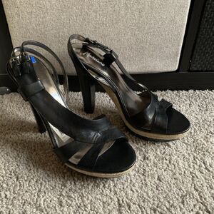 Marciano Platform Espadrille Leather Heels MSRP $250 Double Buckle 7.5